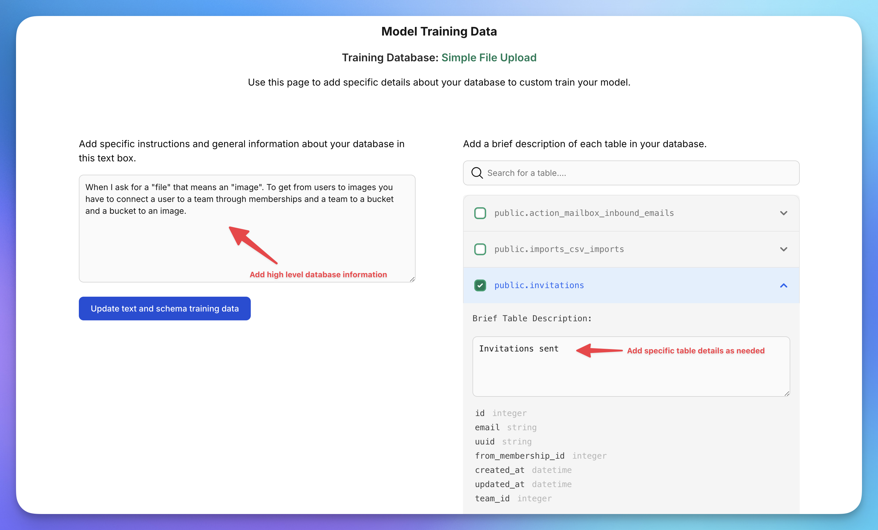 Table description screenshot